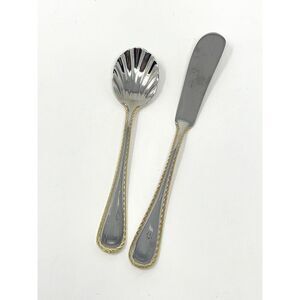 Oneida GOLDEN BELMONT Stainless Rope Edge Gold Butter Spreader Sugar Shell Spoon